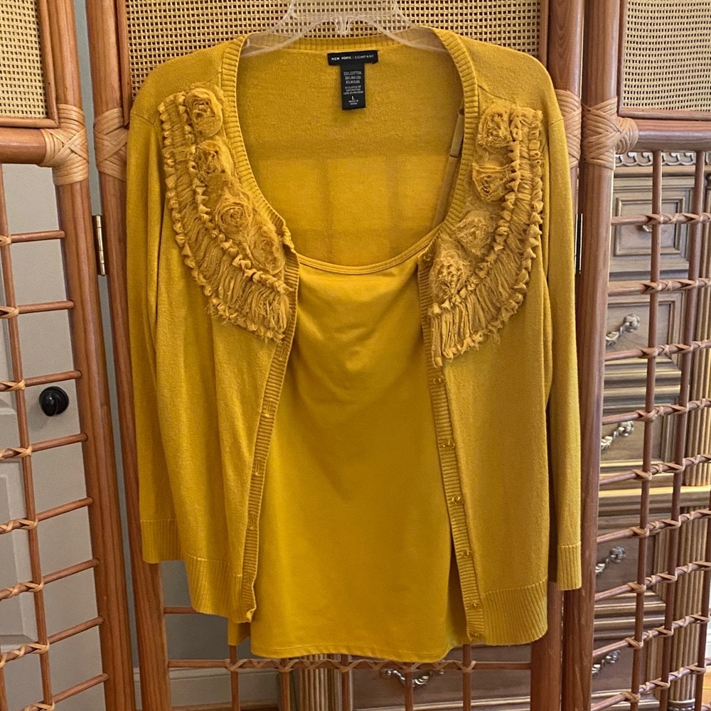New York & Company Gold Embellished Cardigan and Tank Top